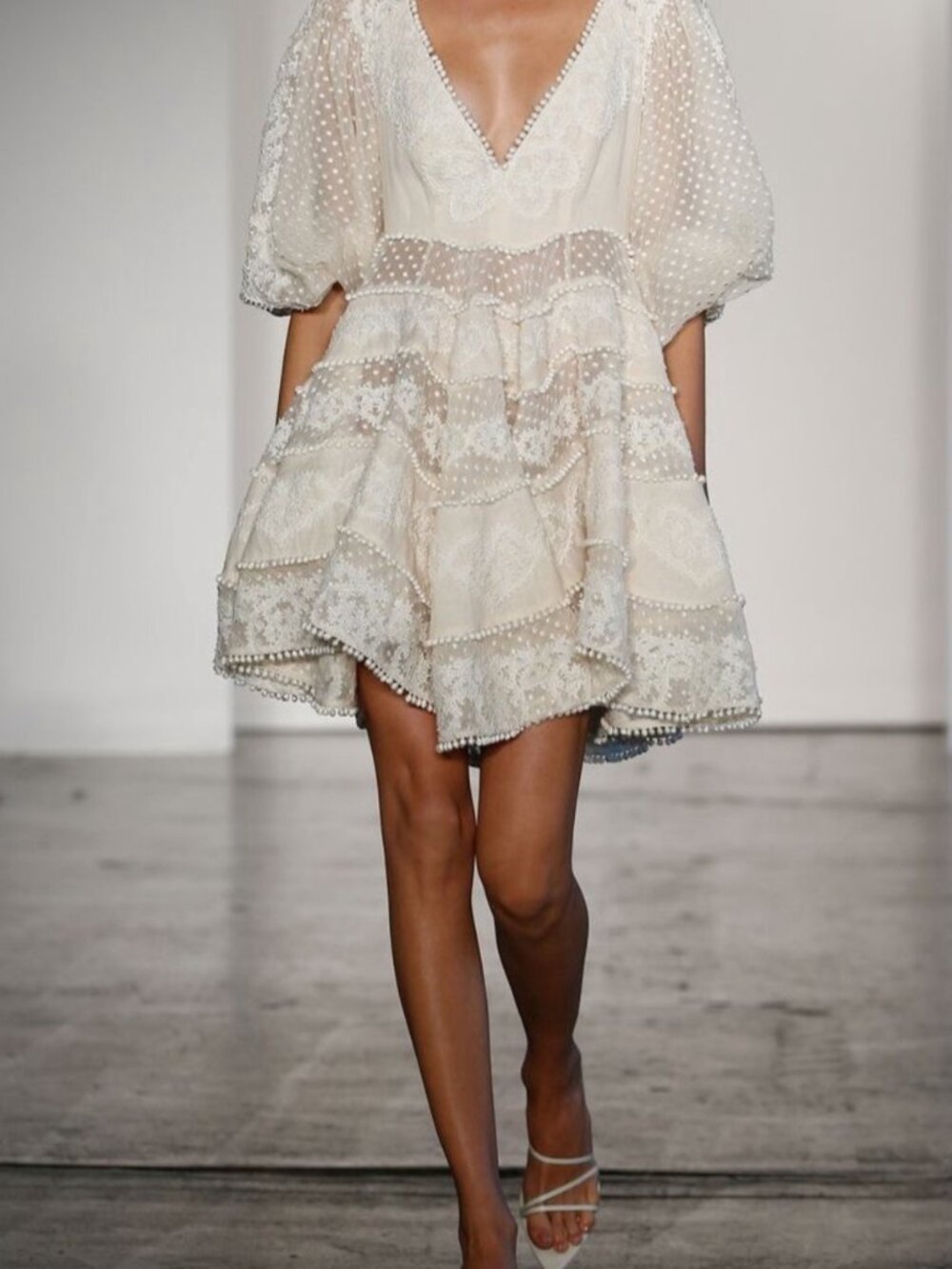 Zimmermann Cream Lace Tiered Mini Dress with Puff Sleeves - Picture 1 of 3